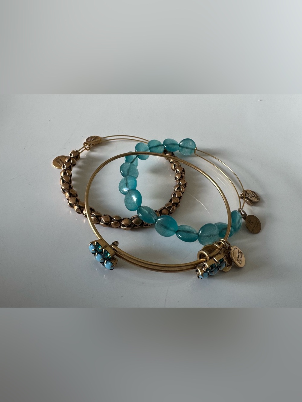 Alex and Ani Gold and Teal Stackable Bracelet Set